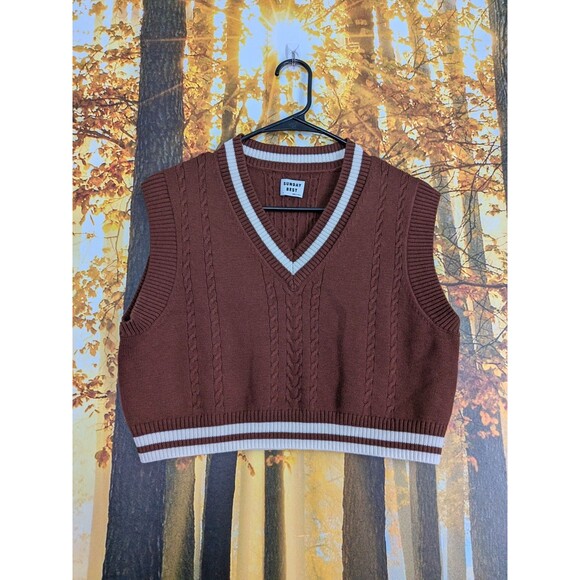Sunday Best Sweater Vest Merino Wool Blend Womens S Sleeveless Cable-Knit  Brown - Picture 2 of 11